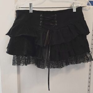 HXZ | Black denim ruffle mini skirt w/ Spider web lace | Medium